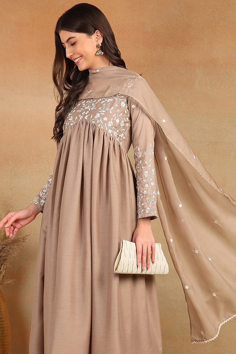 Nude Silk Blend Solid Embroidered Flared Suit Set PKSKD2108