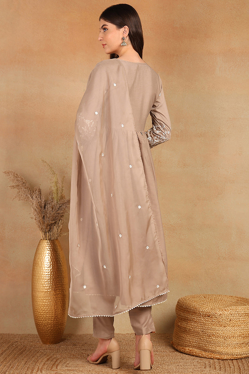 Nude Silk Blend Solid Embroidered Flared Suit Set PKSKD2108