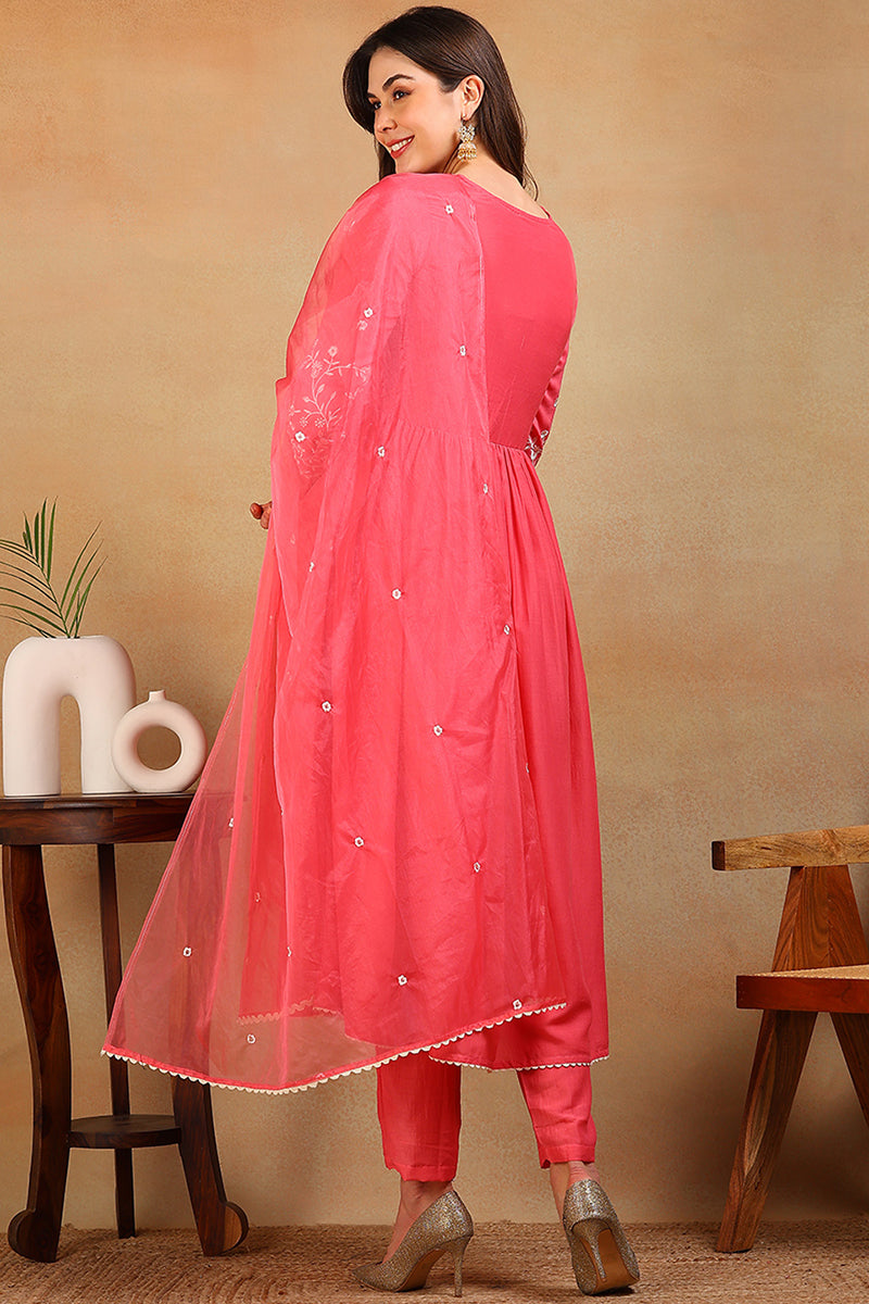 Pink Silk Blend Solid Embroidered Flared Empire Suit Set PKSKD2109