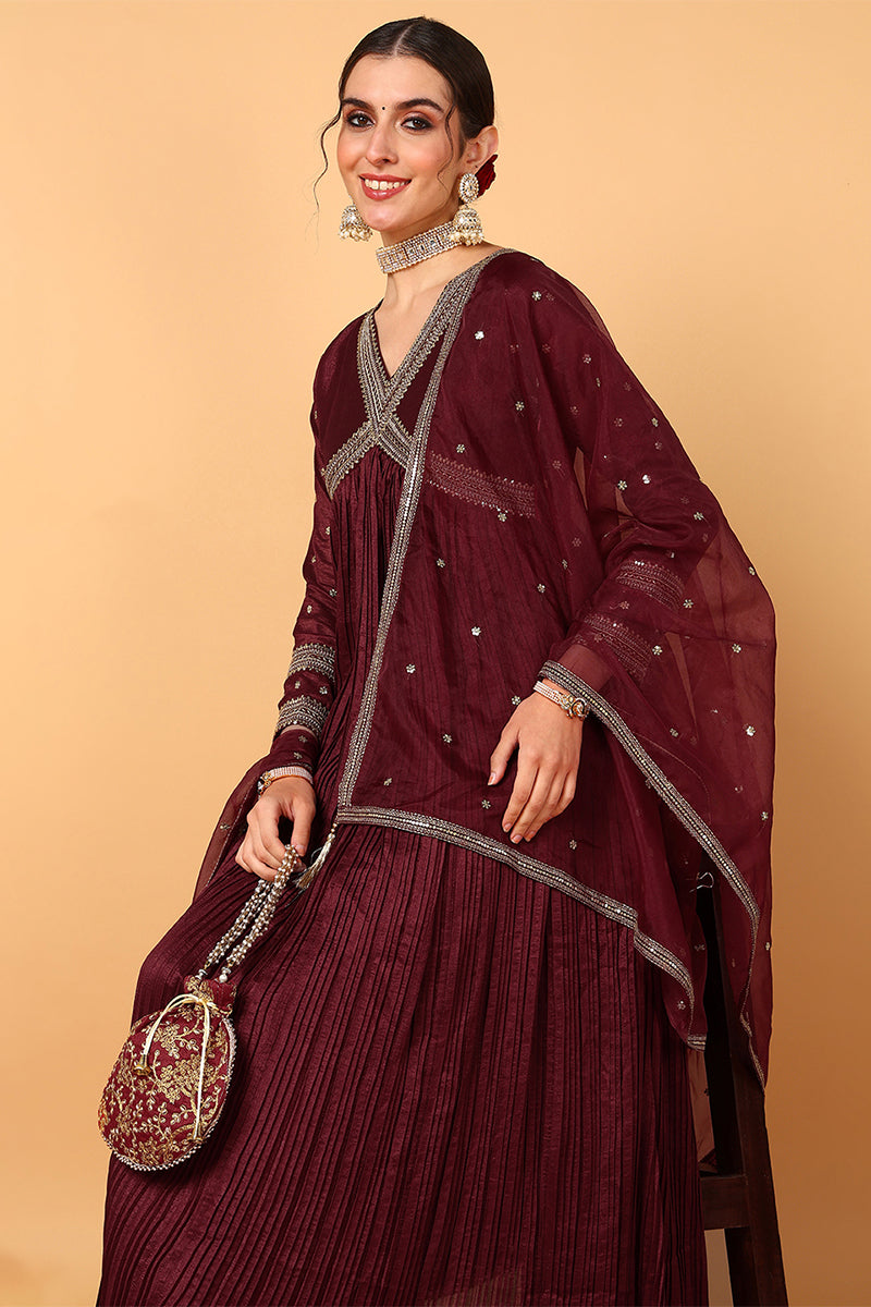 Plus Size Maroon Silk Blend Solid Embroidered Flared Suit Set PKSKD2110