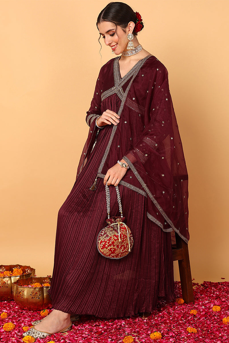 Plus Size Maroon Silk Blend Solid Embroidered Flared Suit Set PKSKD2110