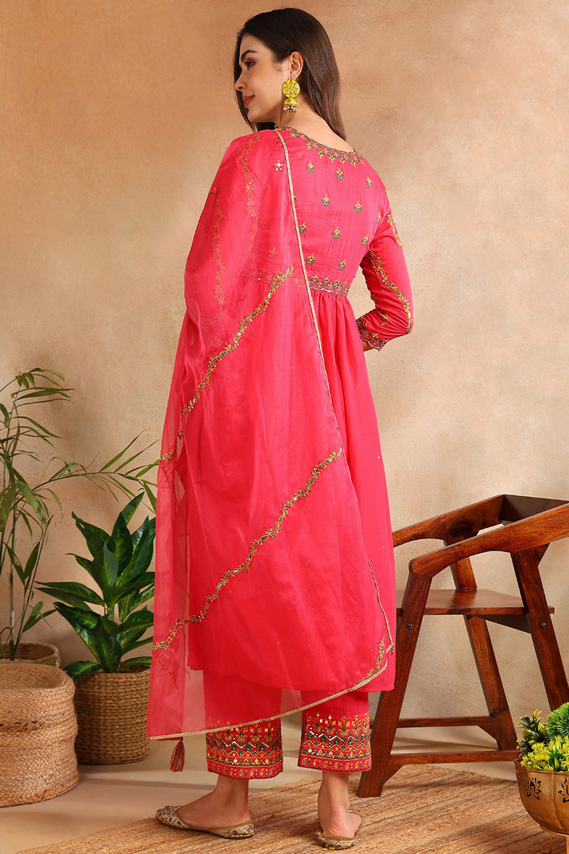 Pink Silk Blend Solid Embroidered Flared Suit Set PKSKD2114