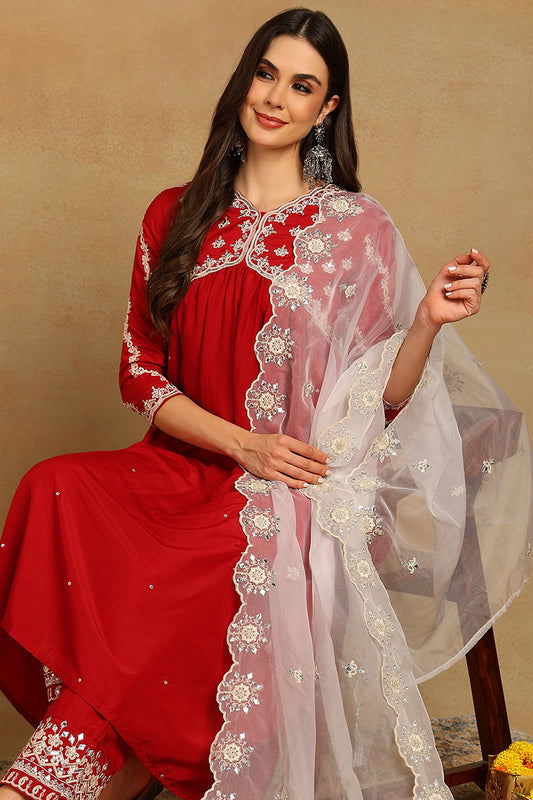 Red Silk Blend Solid Embroidered Flared Suit Set PKSKD2115