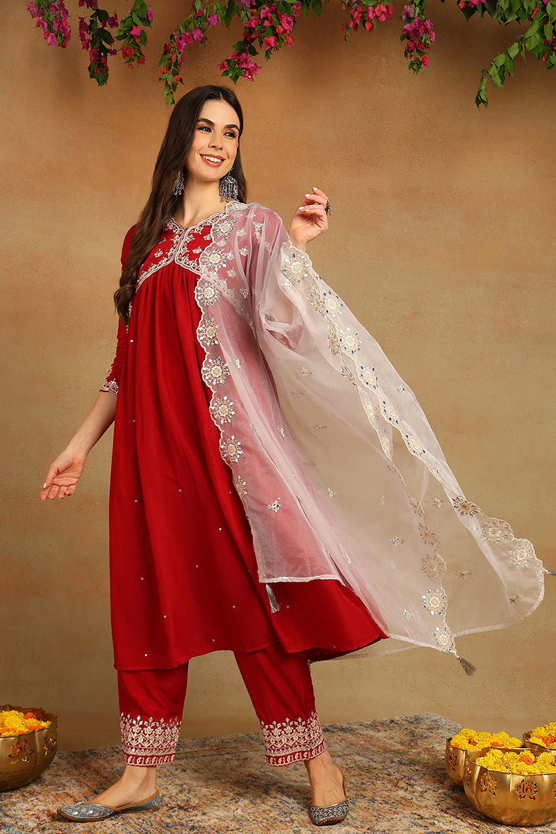 Red Silk Blend Solid Embroidered Flared Suit Set PKSKD2115