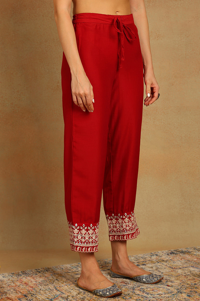 Red Silk Blend Solid Embroidered Flared Suit Set PKSKD2115