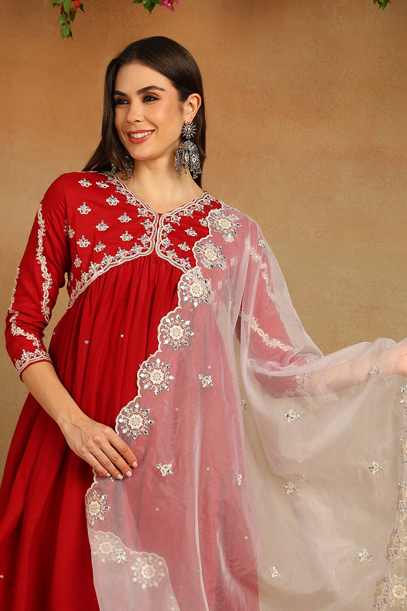 Red Silk Blend Solid Embroidered Flared Suit Set PKSKD2115