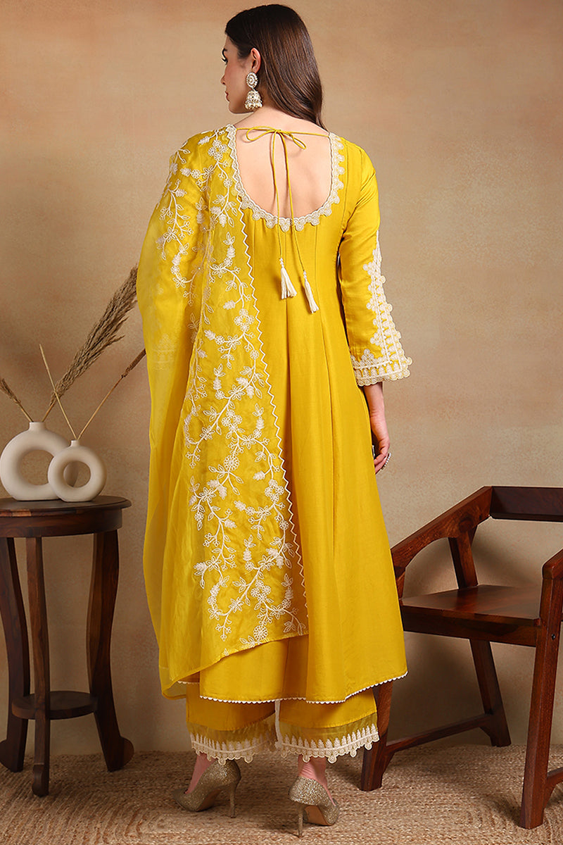 Yellow Silk Blend Solid Embroidered Flared Suit Set PKSKD2118