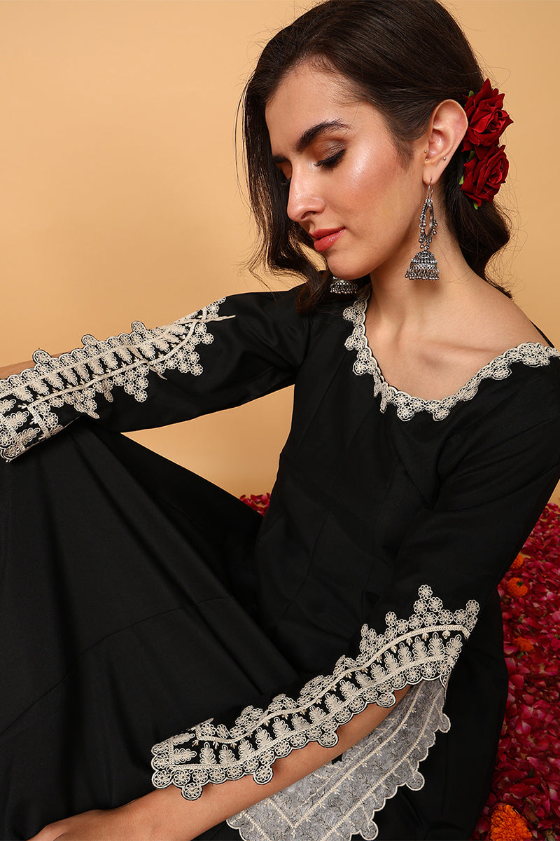 Black Silk Blend Solid Embroidered Flared Suit Set PKSKD2119