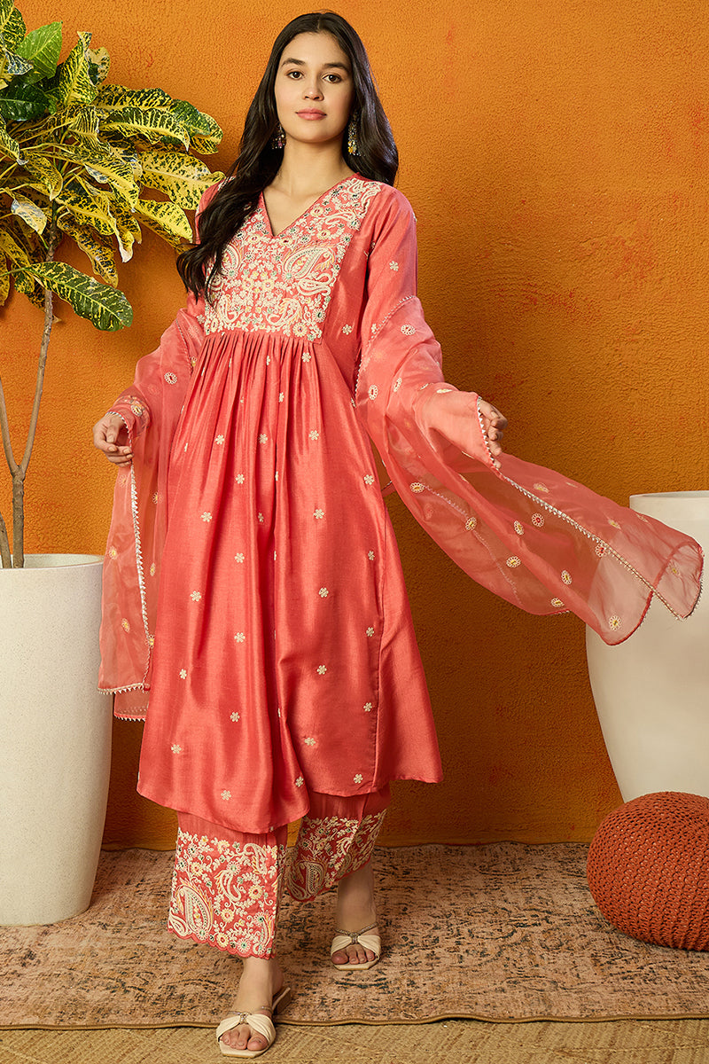 Pink Silk Blend Solid Yoke Design Anarkali Suit Set PKSKD2124
