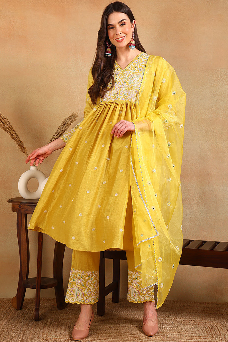 Plus Size Yellow Silk Blend Solid Yoke Design Flared Style Suit Set PKSKD2125