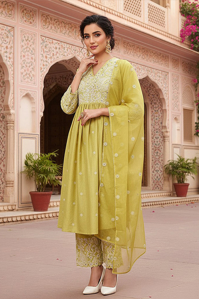 Yellow Silk Blend Solid Yoke Design Flared Style Suit Set PKSKD2125