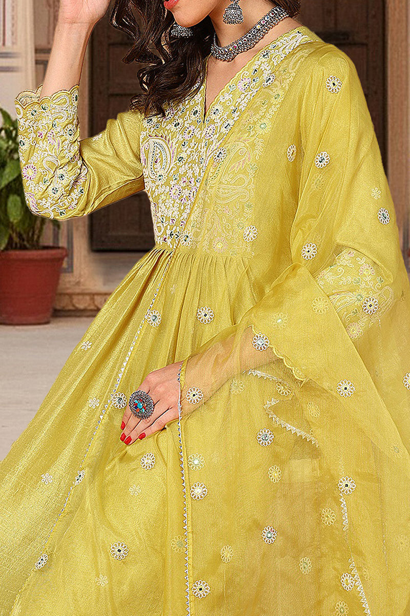 Yellow Silk Blend Solid Yoke Design Flared Style Suit Set PKSKD2125