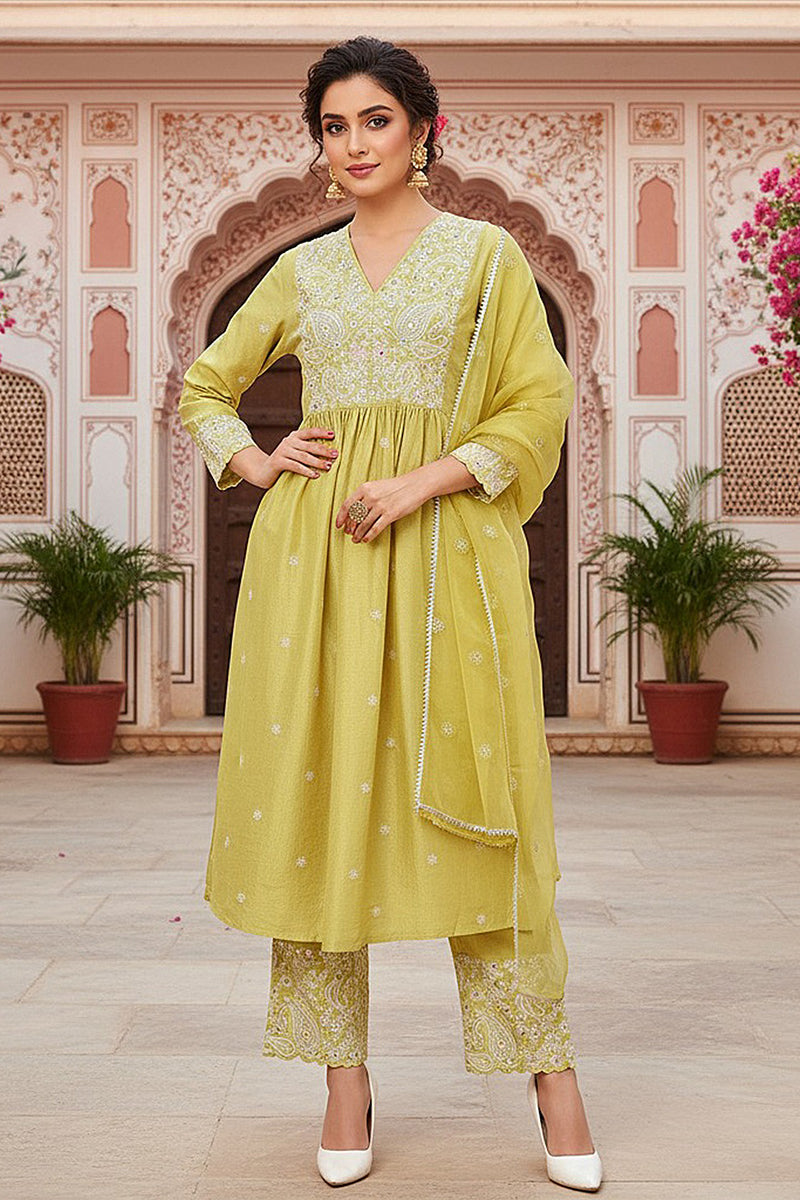 Yellow Silk Blend Solid Yoke Design Flared Style Suit Set PKSKD2125