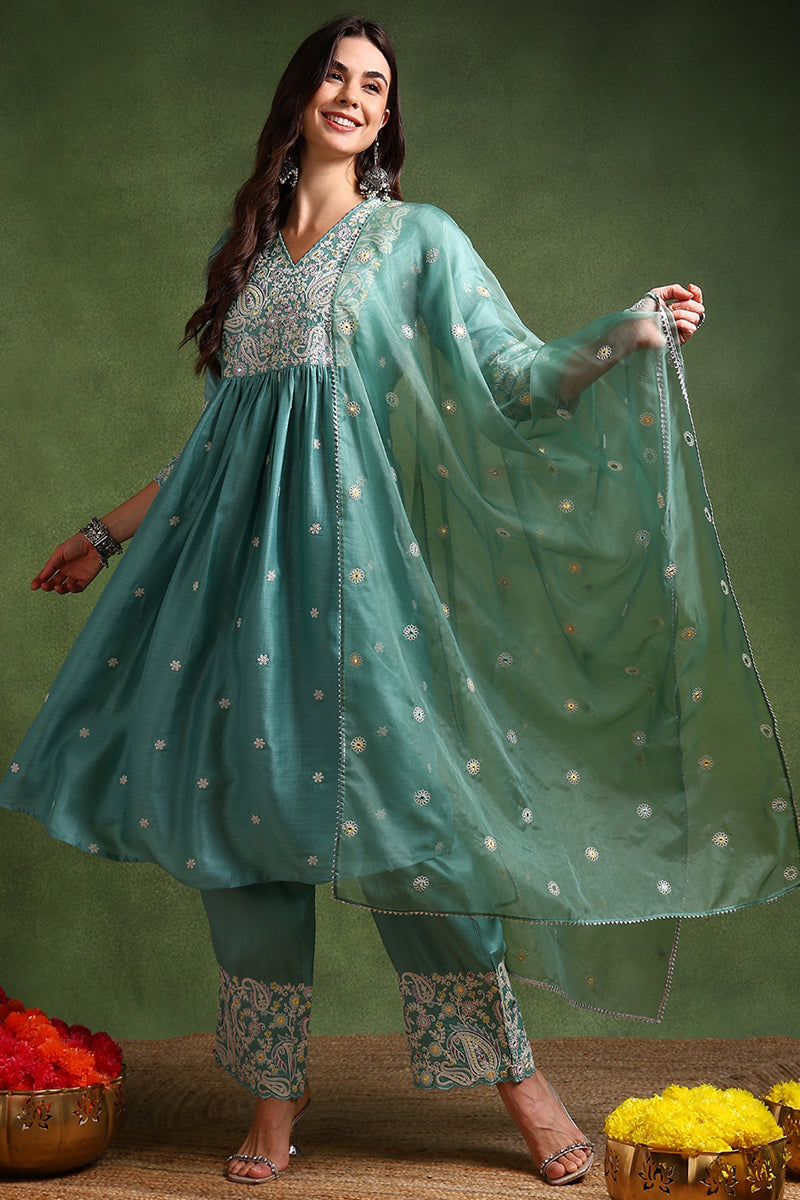 Sea Green Silk Blend Solid Yoke Design Anarkali Suit Set PKSKD2126