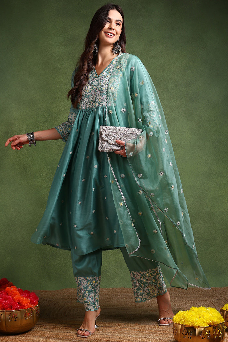 Sea Green Silk Blend Solid Yoke Design Anarkali Suit Set PKSKD2126