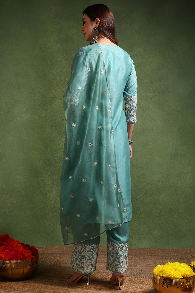 Sea Green Silk Blend Solid Yoke Design Anarkali Suit Set PKSKD2126