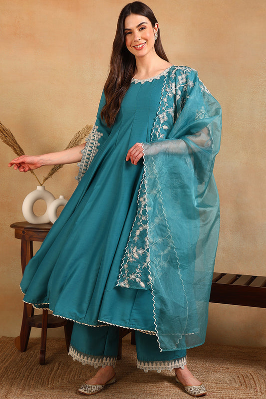 Blue Silk Blend Solid Embroidered Flared Suit Set PKSKD2127