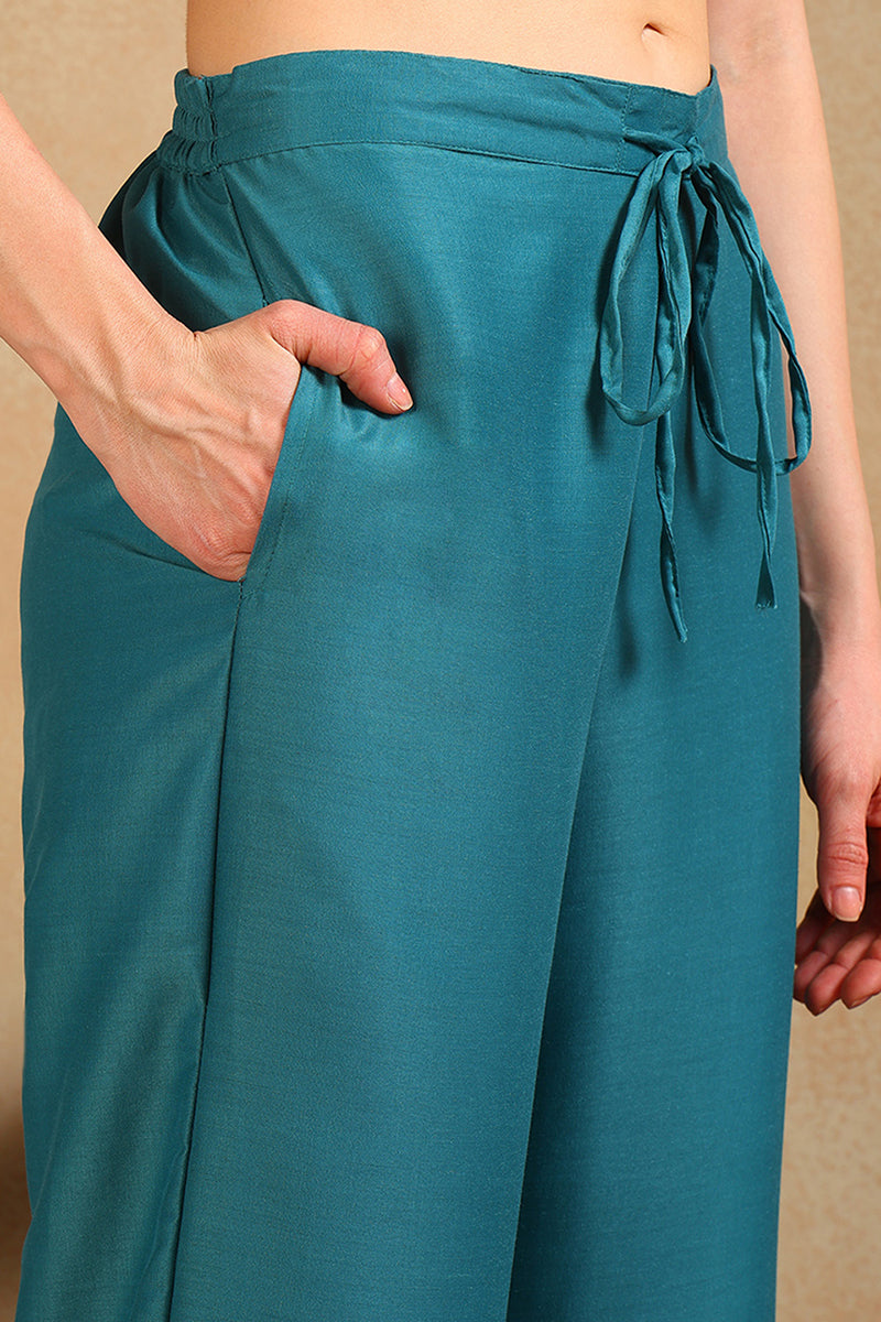 Blue Silk Blend Solid Embroidered Flared Suit Set PKSKD2127