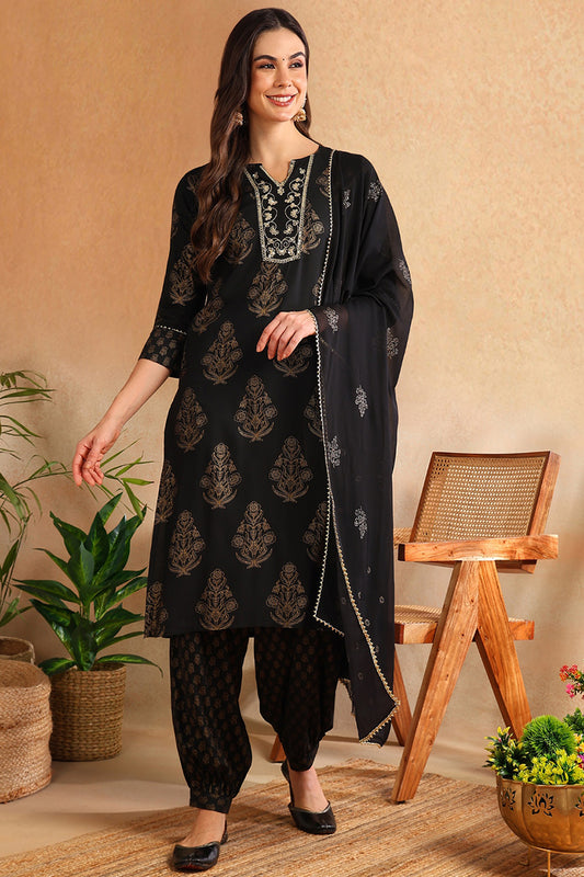 Black Viscose Rayon Solid Woven Design Straight Suit Set PKSKD2131