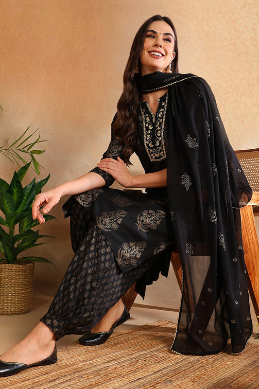 Black Viscose Rayon Solid Woven Design Straight Suit Set PKSKD2131