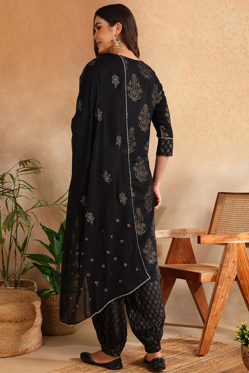 Black Viscose Rayon Solid Woven Design Straight Suit Set PKSKD2131