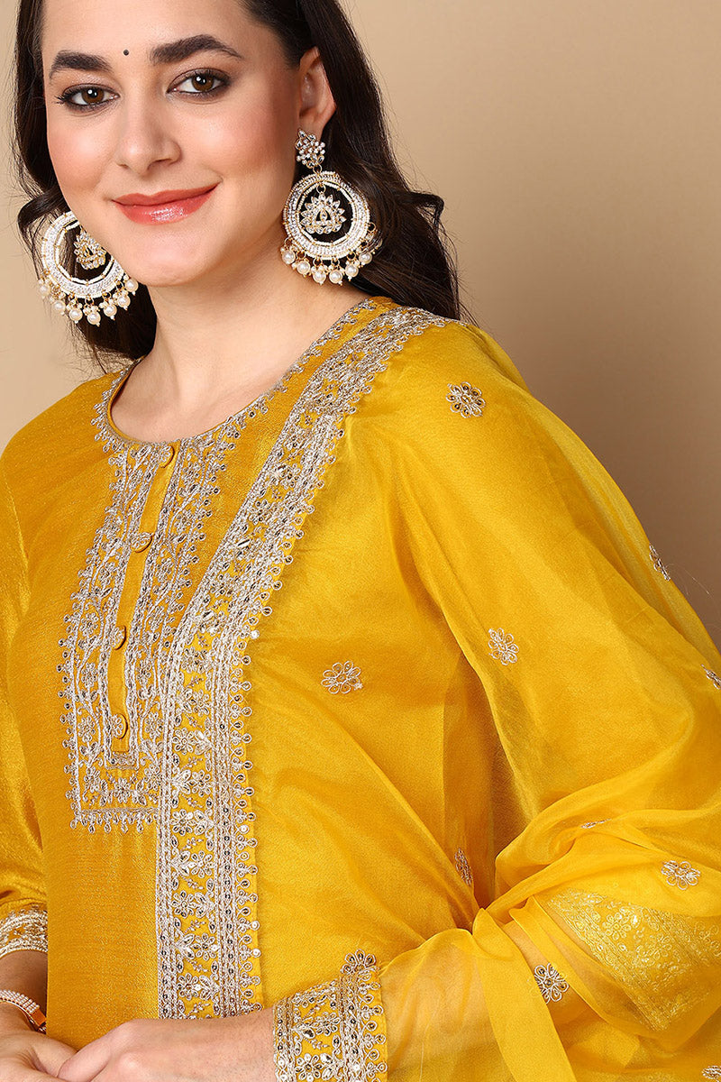 Yellow Silk Blend Solid Embroidered Straight Suit Set PKSKD2133