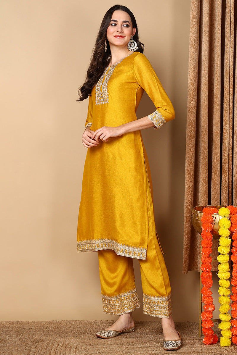 Yellow Silk Blend Solid Embroidered Straight Suit Set PKSKD2133