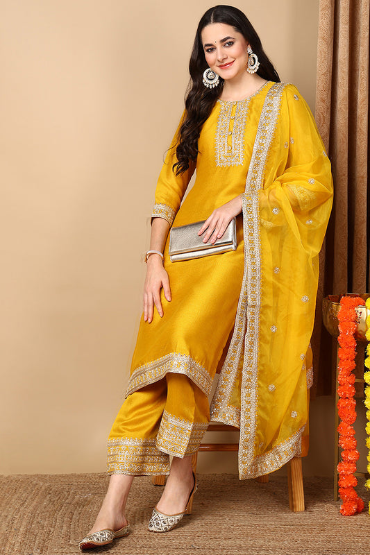 Yellow Silk Blend Solid Embroidered Straight Suit Set PKSKD2133