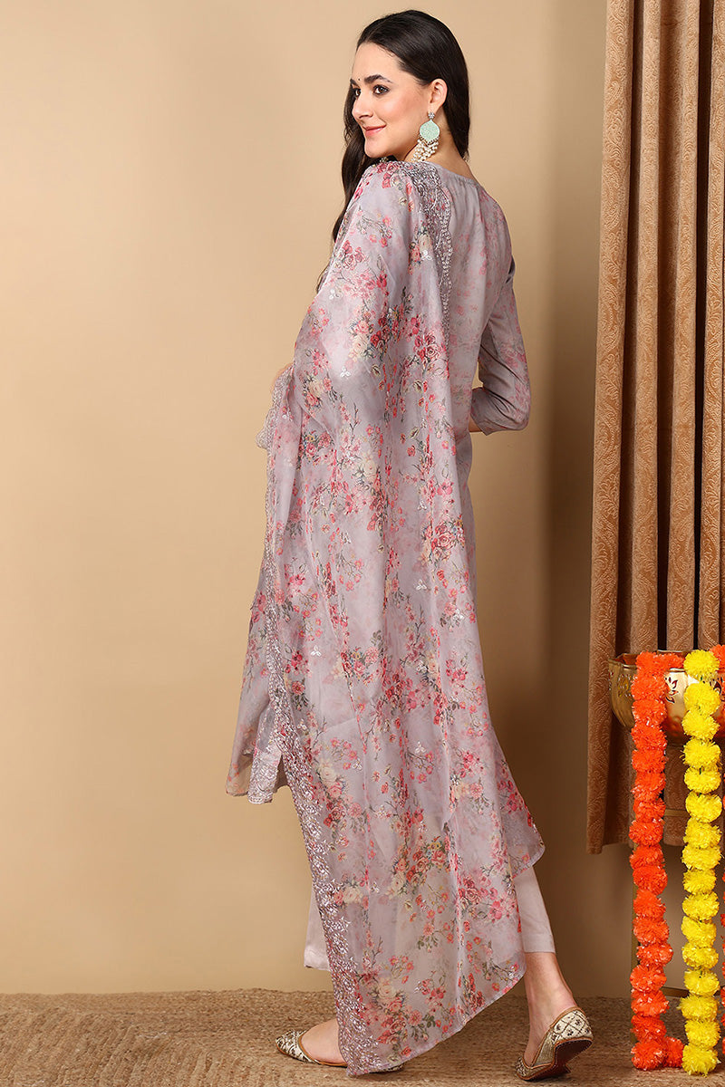 Grey Organza Floral Embroidered Straight Suit Set PKSKD2135