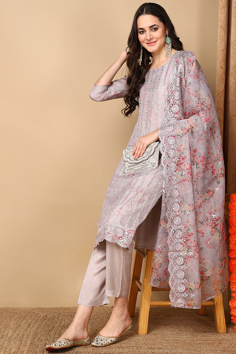 Grey Organza Floral Embroidered Straight Suit Set PKSKD2135