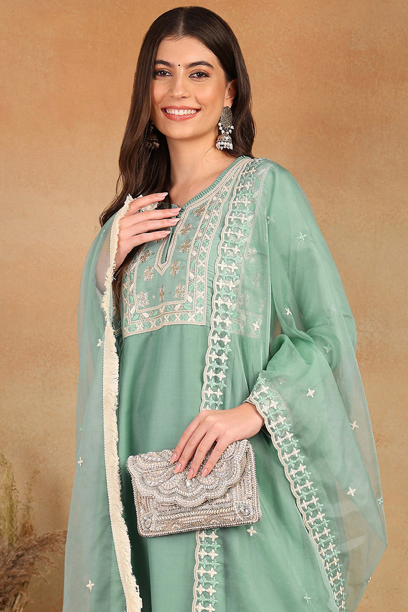 Sea Green Silk Blend Solid Embroidered Flared Style Suit Set PKSKD2142