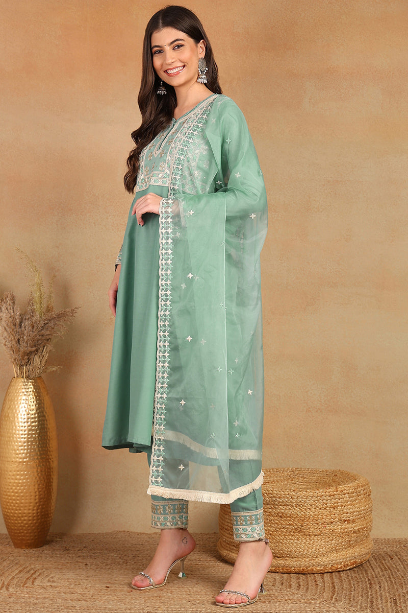 Sea Green Silk Blend Solid Embroidered Flared Style Suit Set PKSKD2142