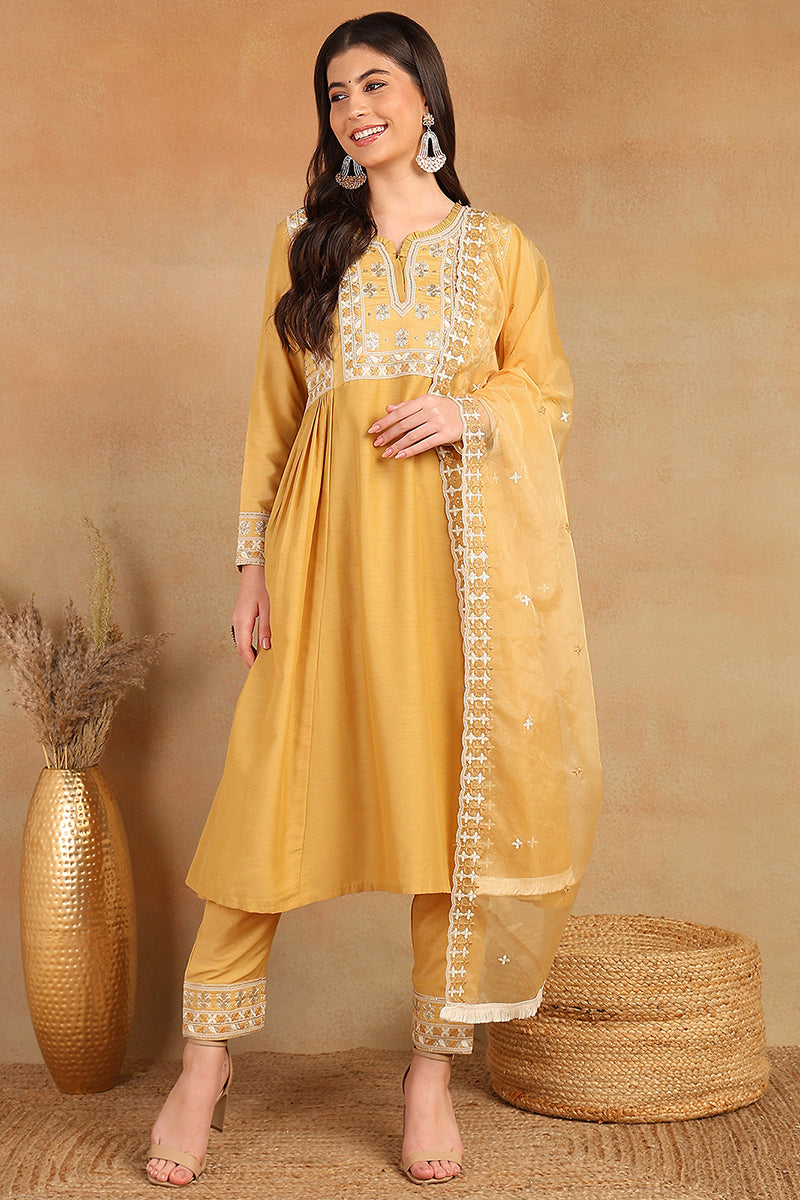 Yellow Silk Blend Solid Embroidered Flared Suit Set PKSKD2143