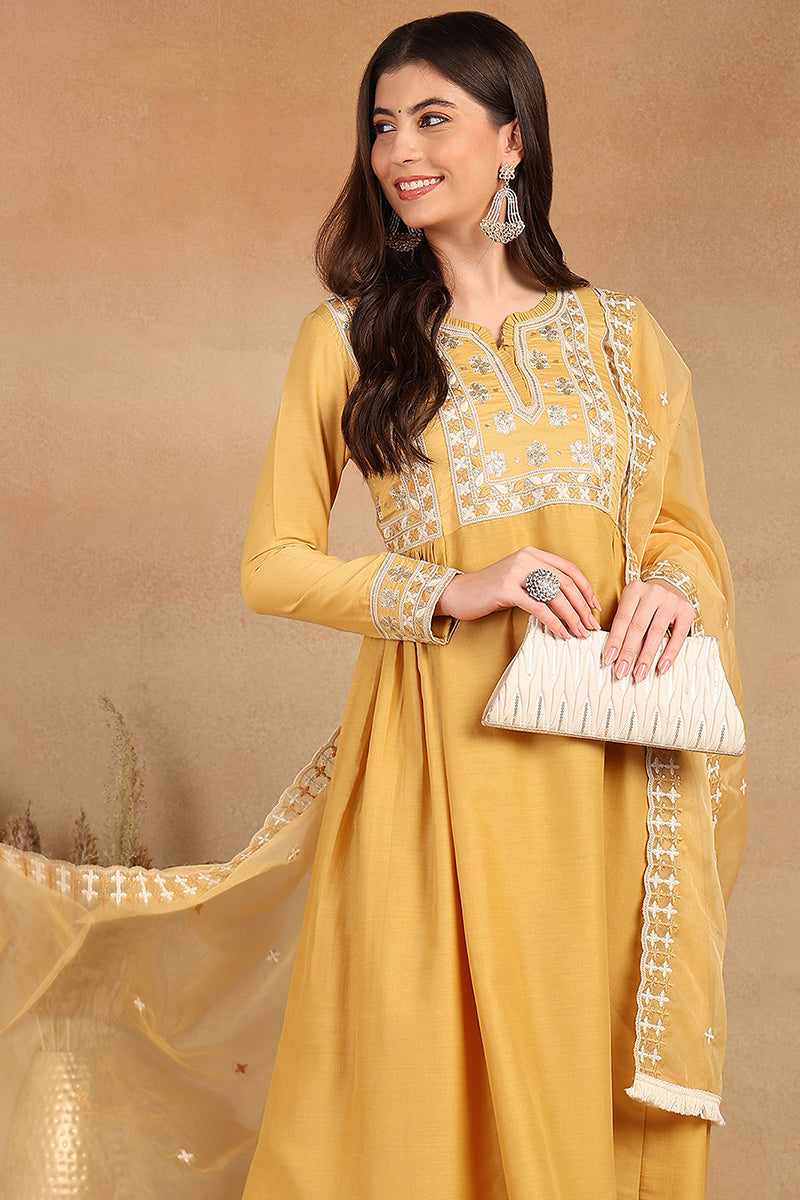 Yellow Silk Blend Solid Embroidered Flared Suit Set PKSKD2143