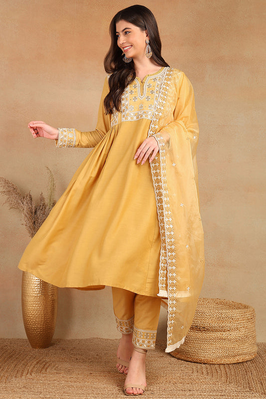 Yellow Silk Blend Solid Embroidered Flared Suit Set PKSKD2143