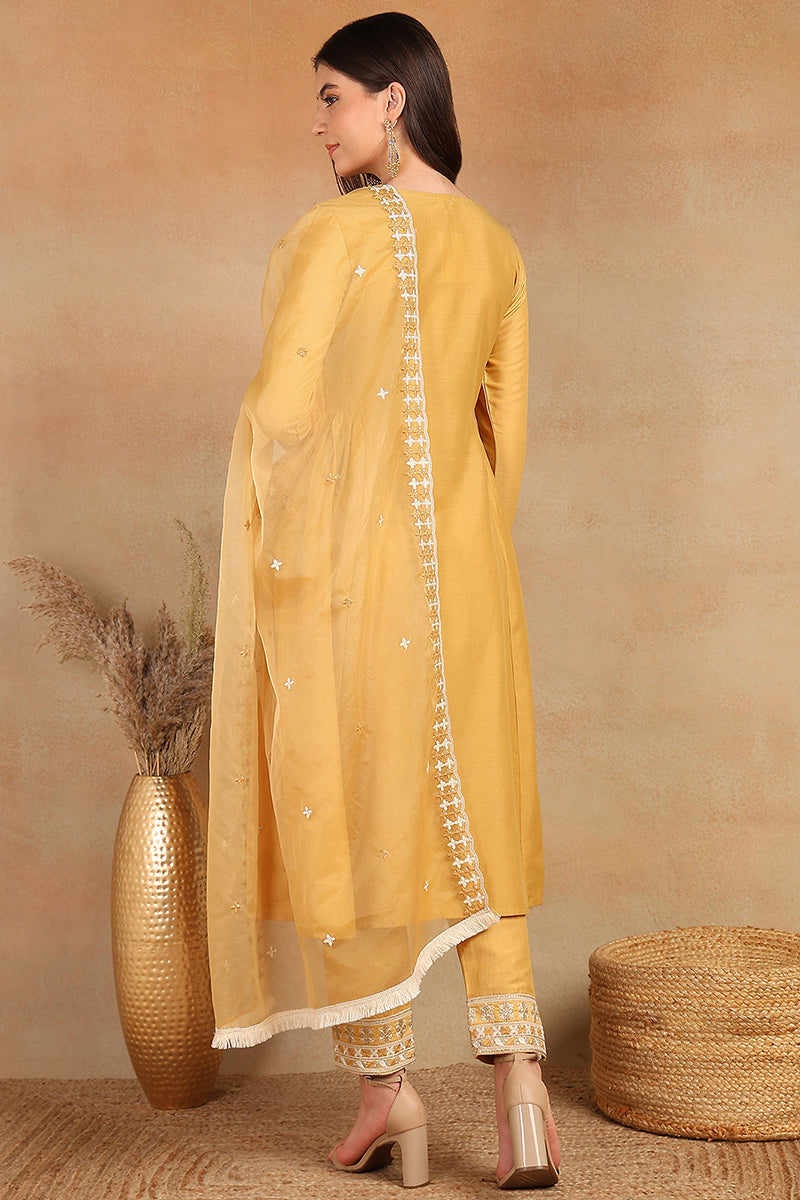 Yellow Silk Blend Solid Embroidered Flared Suit Set PKSKD2143