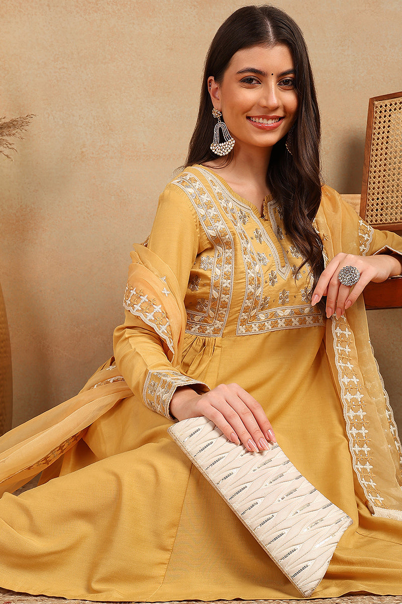 Yellow Silk Blend Solid Embroidered Flared Suit Set PKSKD2143