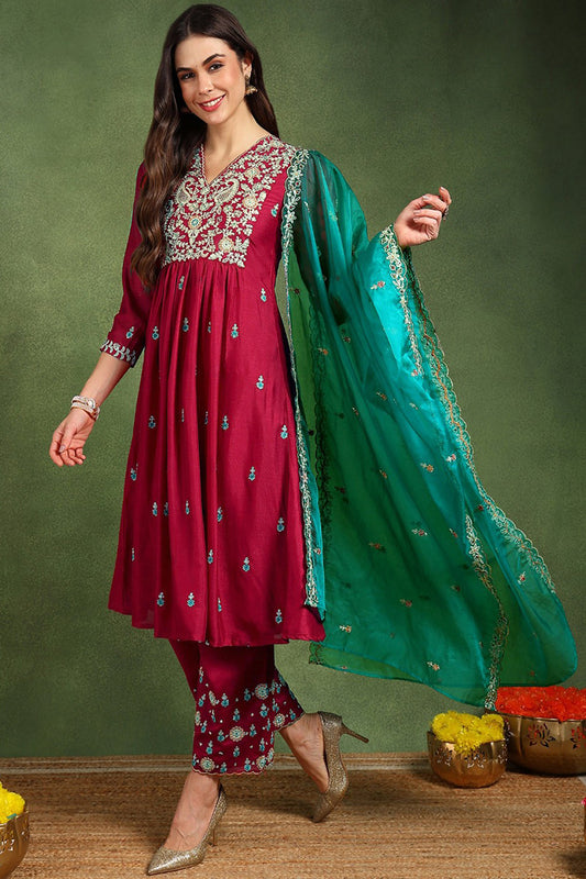 Red Silk Blend Solid Yoke Design Flared Suit Set PKSKD2158