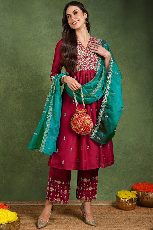 Red Silk Blend Solid Yoke Design Flared Suit Set PKSKD2158