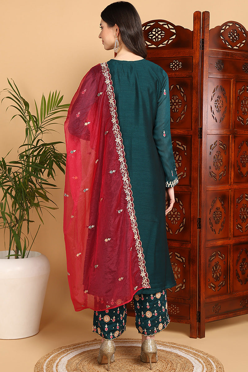 Green Silk Blend Solid Yoke Design Flared Suit Set PKSKD2159