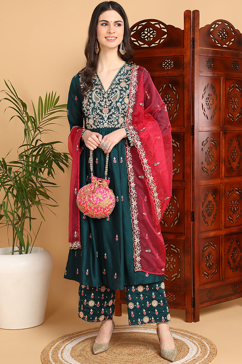 Green Silk Blend Solid Yoke Design Flared Suit Set PKSKD2159