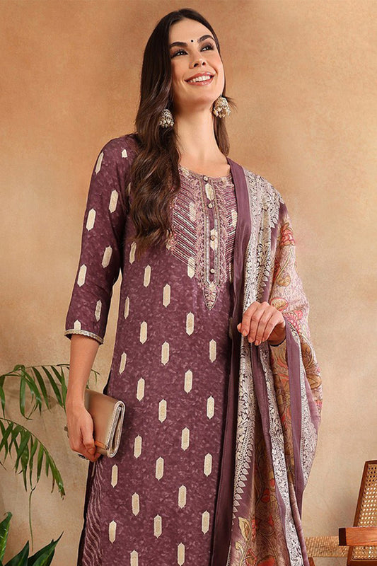 Mauve Silk Blend Ethnic Motifs Embroidered Straight Suit Set PKSKD2161