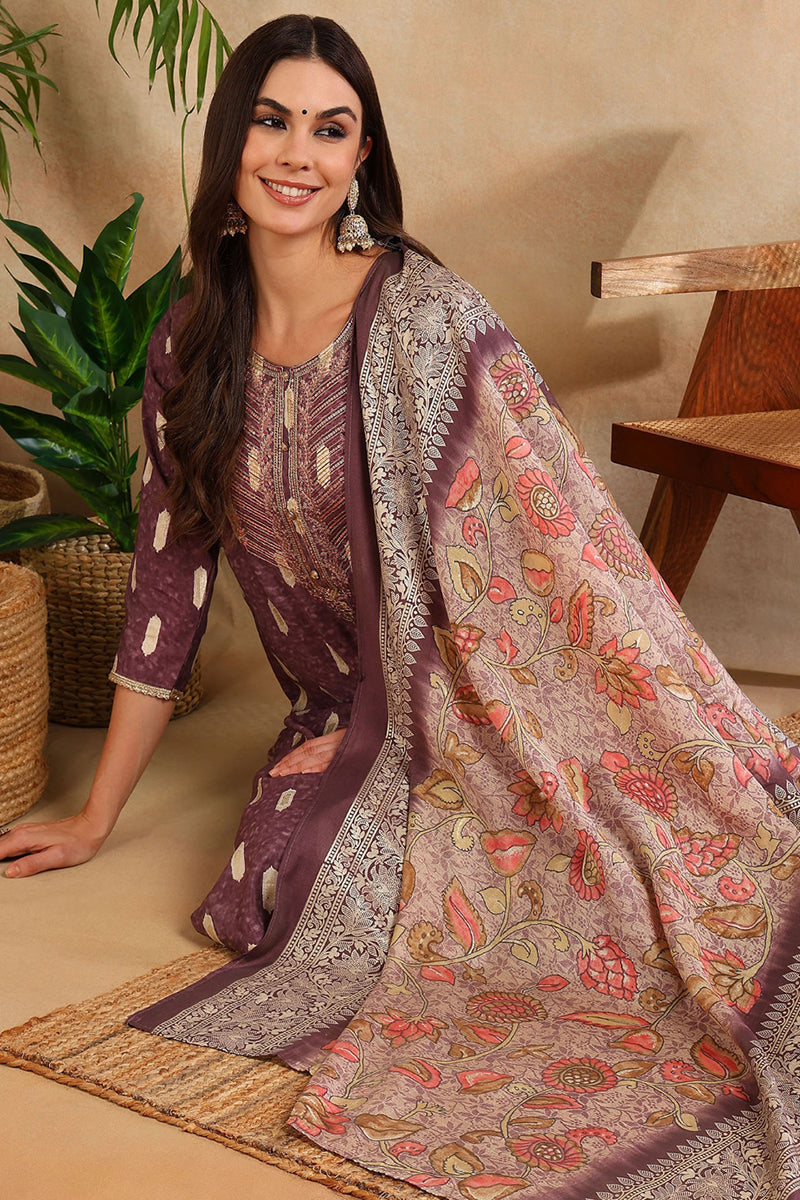Mauve Silk Blend Ethnic Motifs Embroidered Straight Suit Set PKSKD2161