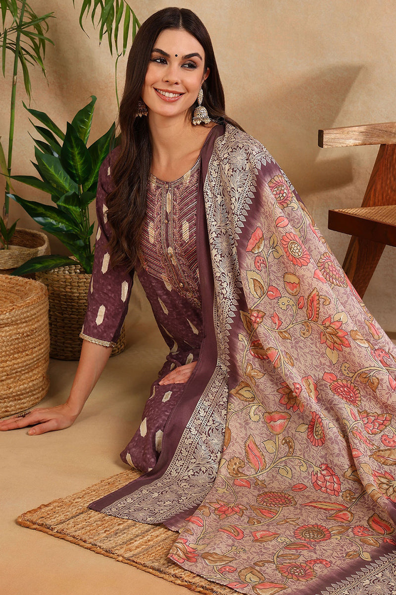 Mauve Silk Blend Ethnic Motifs Embroidered Straight Suit Set PKSKD2161