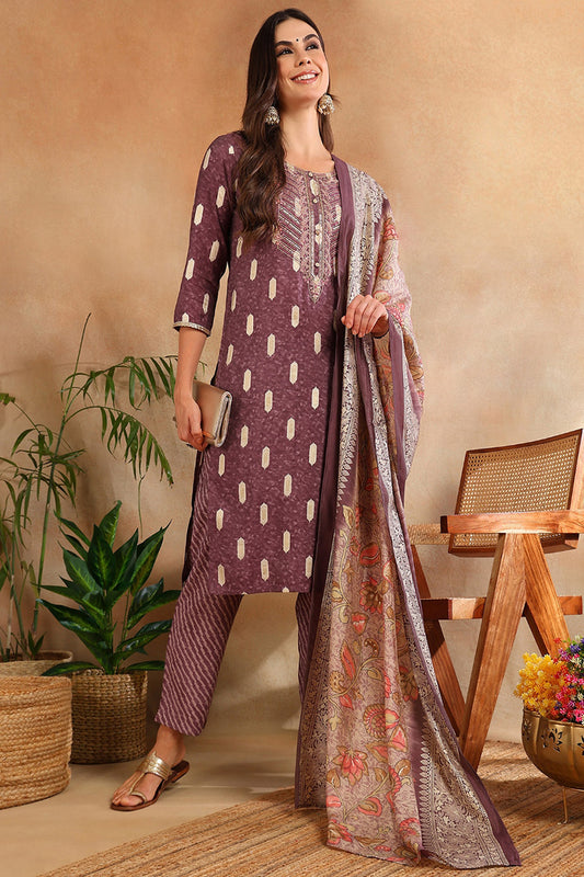 Mauve Silk Blend Ethnic Motifs Embroidered Straight Suit Set PKSKD2161