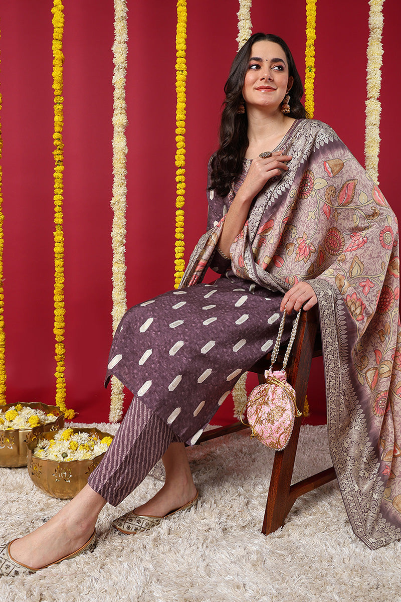 Mauve Silk Blend Ethnic Motifs Embroidered Straight Suit Set PKSKD2161
