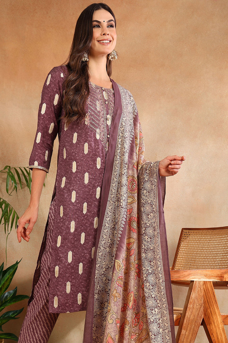Mauve Silk Blend Ethnic Motifs Embroidered Straight Suit Set PKSKD2161