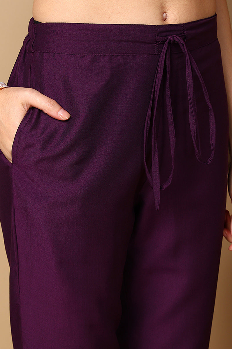 Purple Silk Blend Solid Embroidered Straight Suit Set PKSKD2163