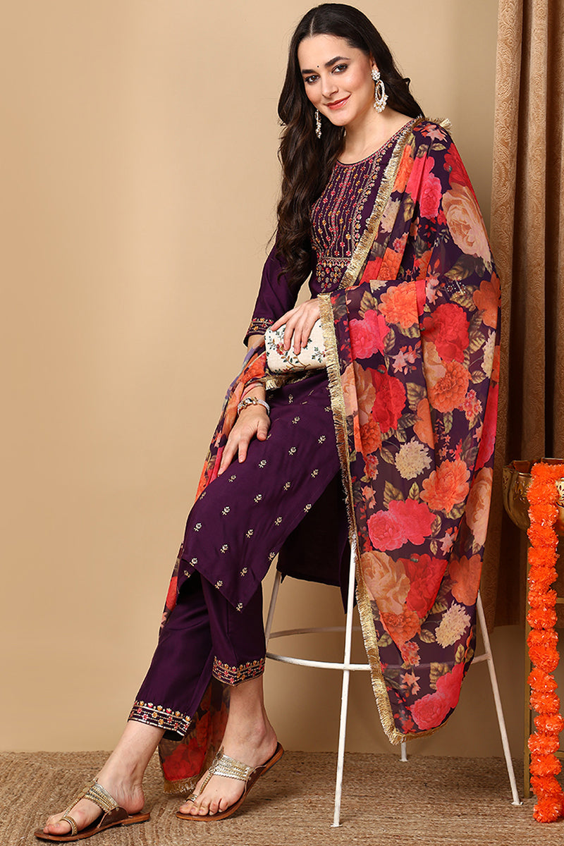 Purple Silk Blend Solid Embroidered Straight Suit Set PKSKD2163