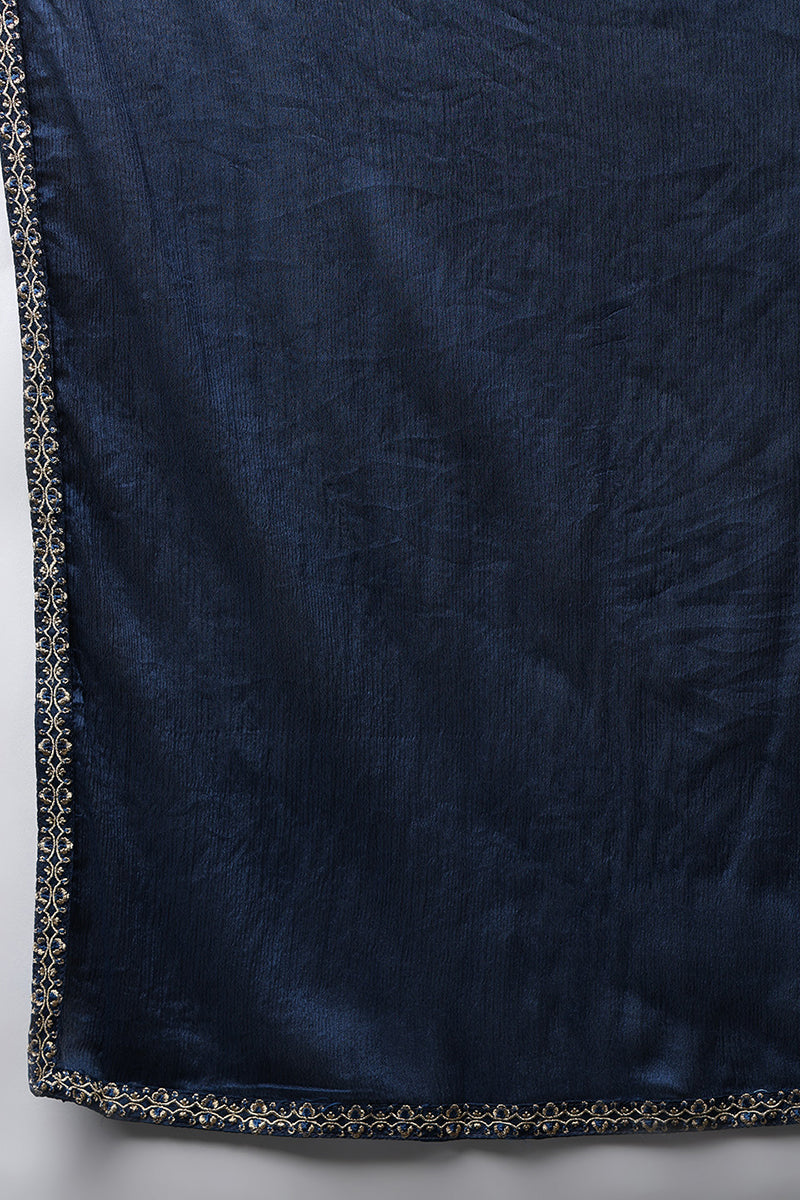 Navy Blue Silk Blend Solid Embroidered Flared Suit Set PKSKD2165